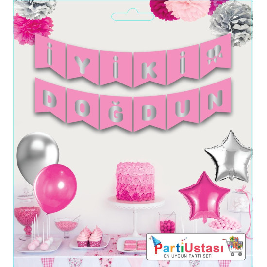 Yazi Varakli Zarf Banner İyi̇ki̇ Doğdun Pembe Gümüş