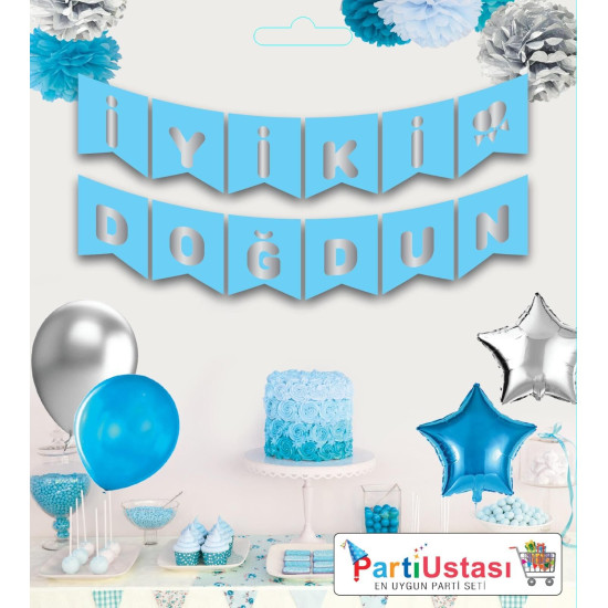 Yazi Varakli Zarf Banner İyi̇ki̇ Doğdun Mavi̇ Gümüş