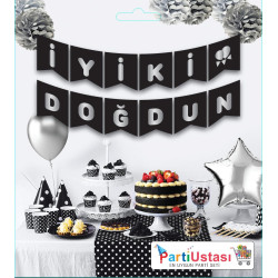Yazi Varakli Zarf Banner İyi̇ki̇ Doğdun Si̇yah Gümüş