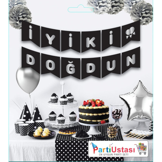 Yazi Varakli Zarf Banner İyi̇ki̇ Doğdun Si̇yah Gümüş