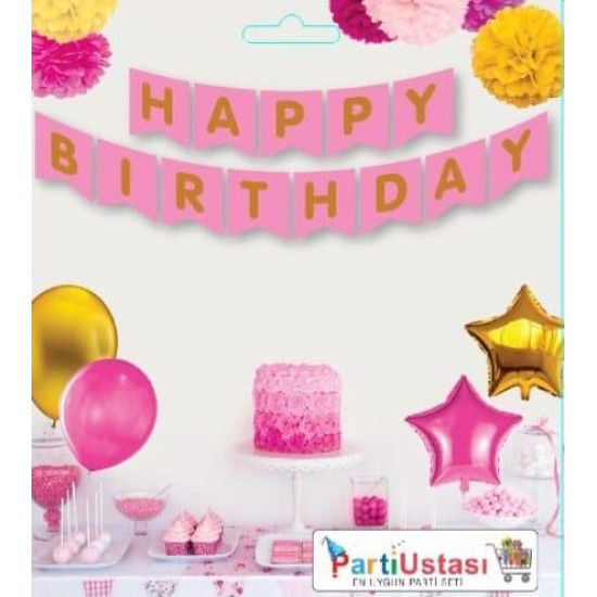 Yazi Varakli Zarf Banner Happy Pembe Altin