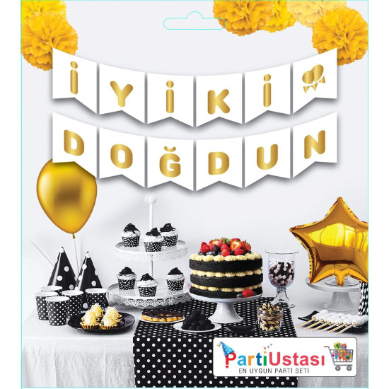 Yazi Varakli Zarf Banner İyi̇ki̇ Doğdun Beyaz  Gold